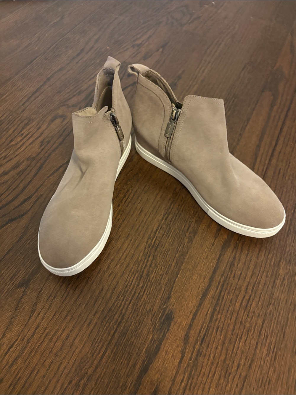Blondo Taupe Suede Slip-On Ankle Booties with Side Zip